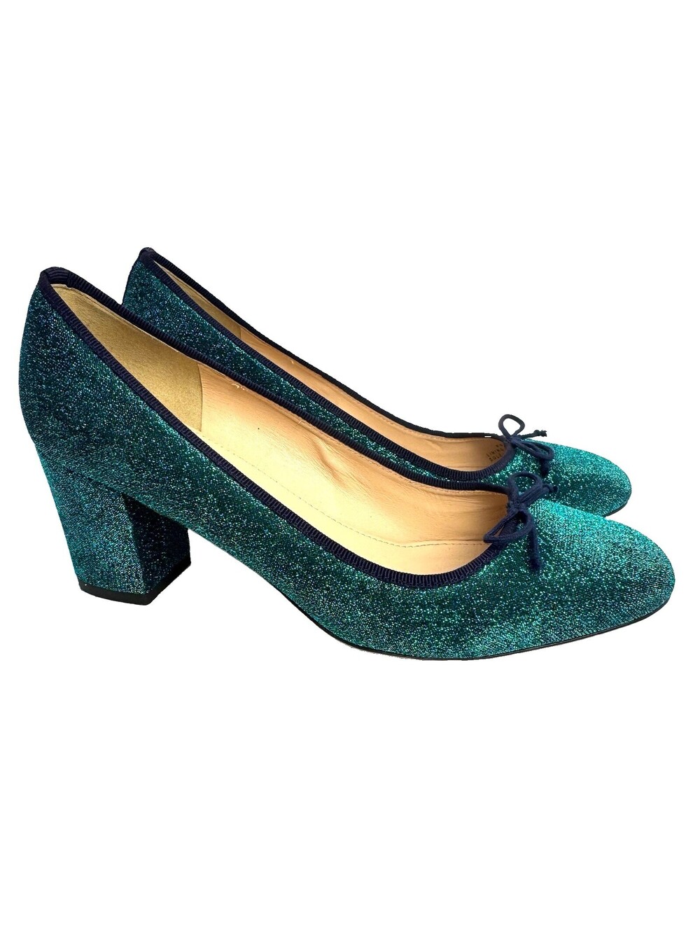 J.Crew Sophia Glitter Block Heel Pumps Green Teal w Bow Size 7.5 Holiday Shoes